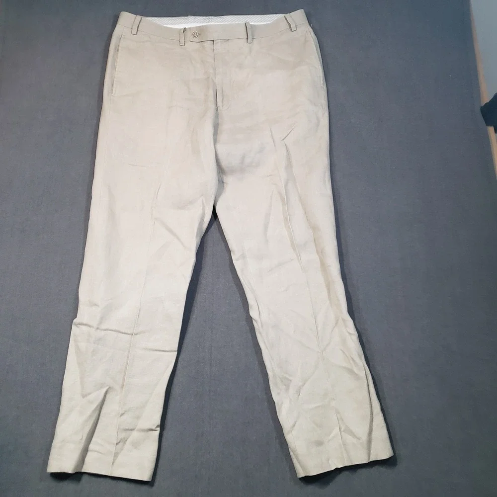 Calvin Klein Linen Pants Mens 36x32 Beige Slim Fit Flat Front Trousers